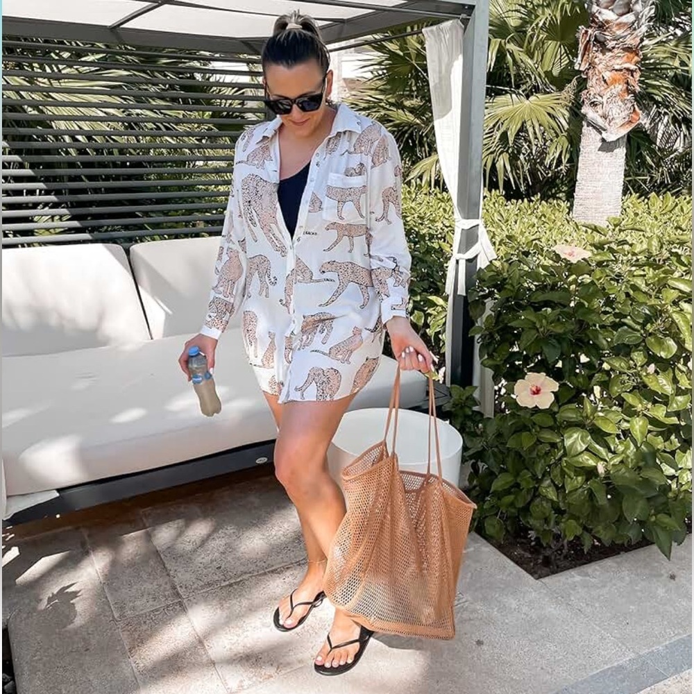 Taupe Mesh Beach Tote Womens Lightweight Shopping Shoulder Handbag - Picture 7 of 8